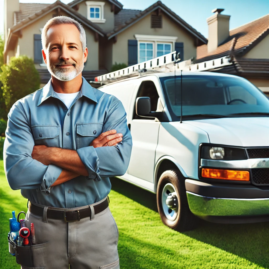 Pest control technician next to a van in a suburban neighborhood